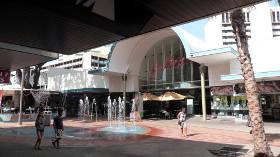 Fountains play outside the Galleria Arcade