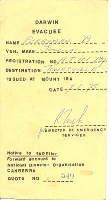 My Darwin Evacuee Card